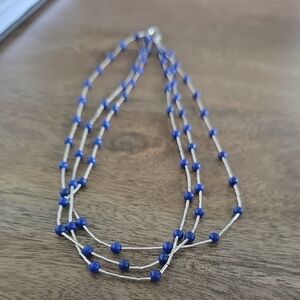 Southwest Sunburst Signed Liquid Sterling Silver 3 Strand Lapis Beads Necklace